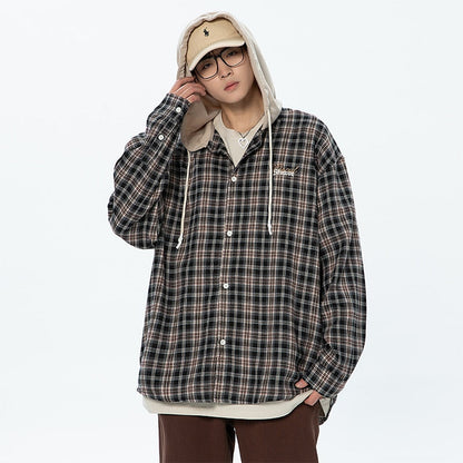 xiangtuibao Spring Summer Trendy Style Baggy Plaid Hooded Shirts Long Sleeve For Men Oversized Fashion Cardigan Blouse High Quality Harajuku