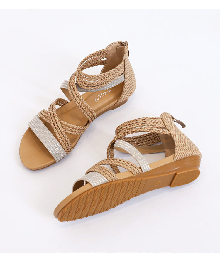 xiangtuibao   Spring and Summer Wedge Sandals Snakeskin Roman Shoes Large Size Casual Flat Shoes Strappy Ankle Platform Sandals