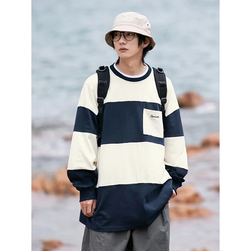 xiangtuibao Men Striped Hoodies Oversized Sweatshirt Harajuku Pullovers Neutral Korean Fashion Couples Matching Pocket Long Sleeve Tops