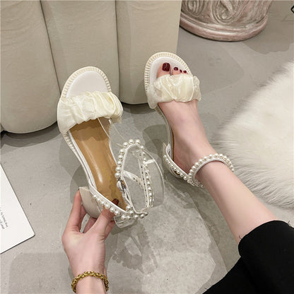 xiangtuibao  Sandals White  bow Pearl Rhinestone Bow Ribbon Sweety Princess Style Lower Square Heels Short Fat Heels