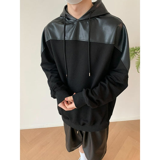 xiangtuibao Pink Black Leather Hoodies Men Fashion Oversized Hooded Sweatshirt Mens Streetwear Korean Loose Hip-hop Pullover Hoodie Men