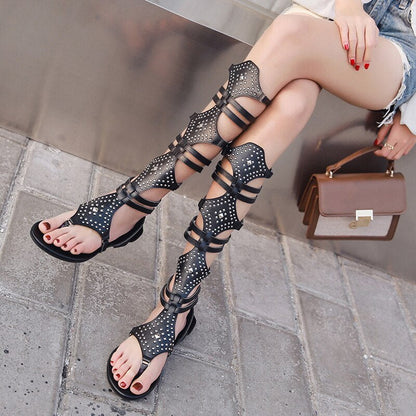 xiangtuibao  Zipper Ladies Fashion Rivet Knee High Boots Shoes Flip Flops Summers Flats Elegant Women Sandals Female Casual Outdoor Sandal