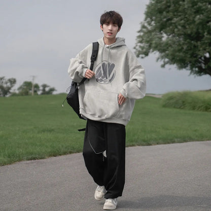 xiangtuibao Black White Gray Spring And Autumn Men's Hoodie Loose Hooded Printed Pullover Outdoor Sports Coat