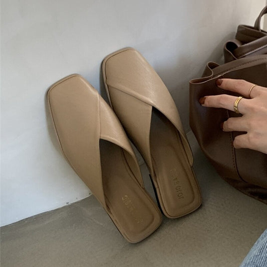 Vintage Khaki Mules Women  Summer Slippers Closed Toe Flat Casual Slides Beige Black Slippers Women Shoes Plus Size 34-43