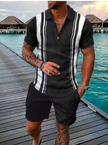 xiangtuibao Men's Polo Suit Fashion Men Sets Mens Solid Color Summer V-neck Zipper Short Sleeve POLO Shirt+Shorts Two Pieces Men Casual Suit