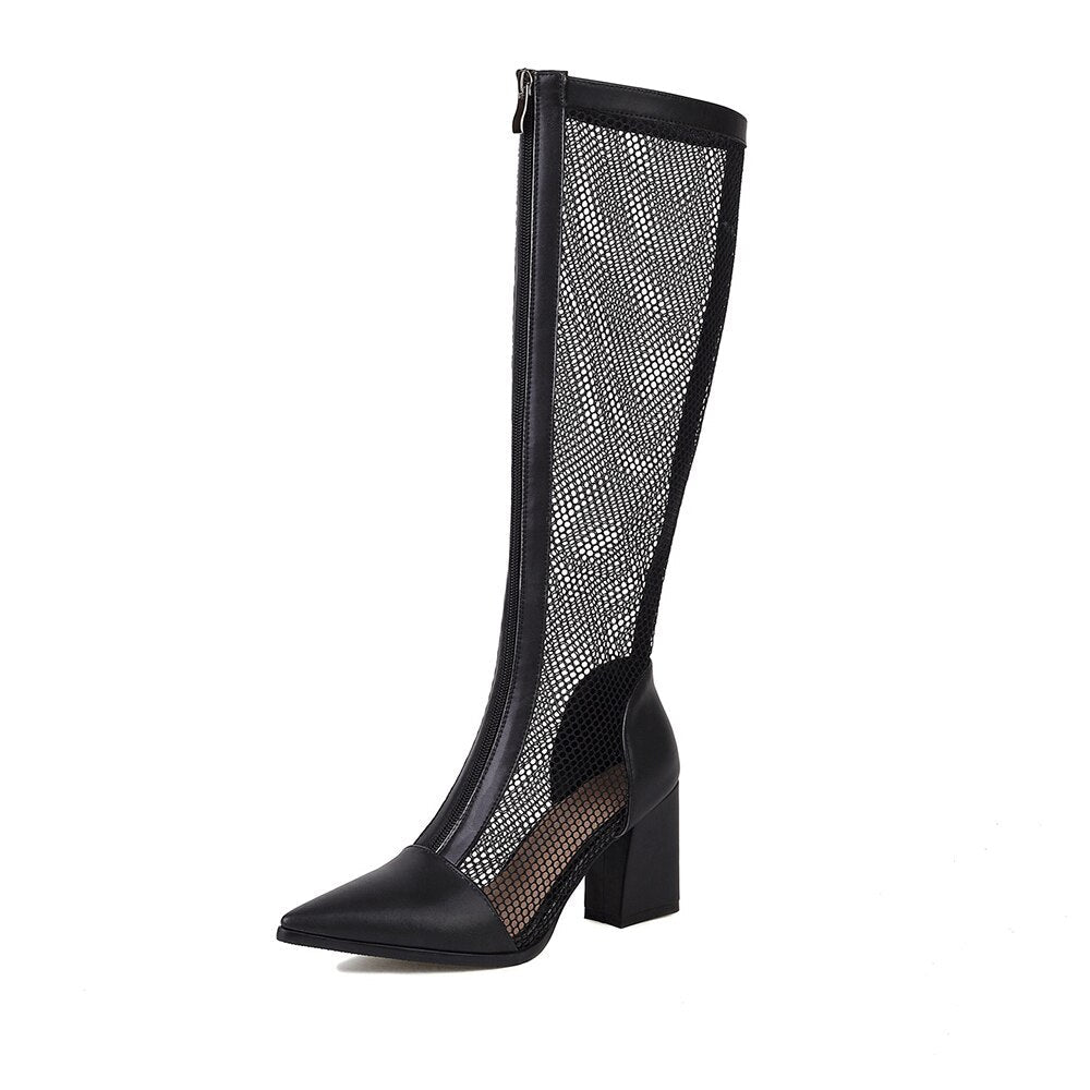 Sexy Mesh knee high Boots Summer Women Pointed Toe High Heels Woman's Shoes Ladies Zip Sandals Cool Boot Female Bottes Big size