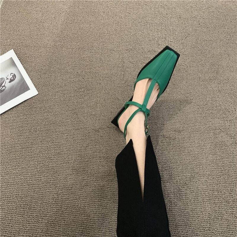 Spring Summer Low Heels Ankle Strap Sandals Women Fashion Design Green Pink Mules Slippers Closed Toe Sandals Ladies Shoes