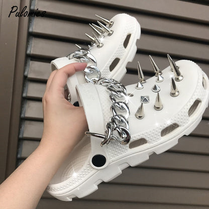 Summer Women Shoes With Charms Chain Rivet Punk Clogs Garden Shoes Cool Girl Sandals Antiskid Flip Flops Female Slippers