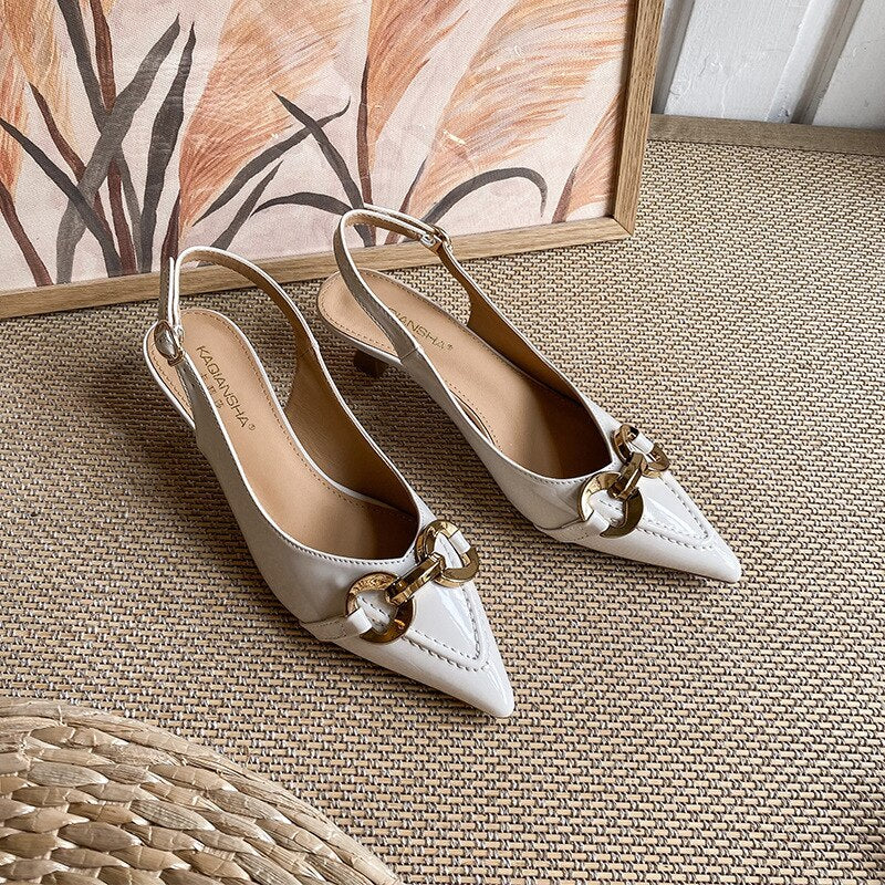 3cm New Fashion Sandals Patent Leather Pointed Toe with Button Low Heels Ankle Wrap Party for Women Shoes 38 39