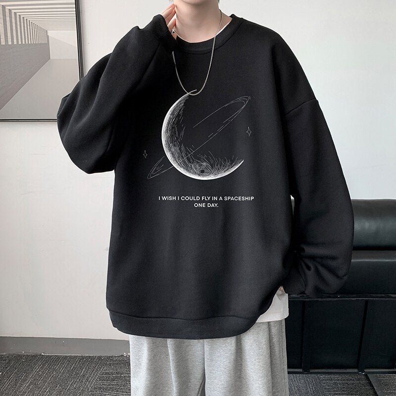 xiangtuibao Winter Warm Sweatshirts New Men Simple Stroke Moon Graphic Pullovers Oversized Korean Style Man Letter Print O Neck Tops