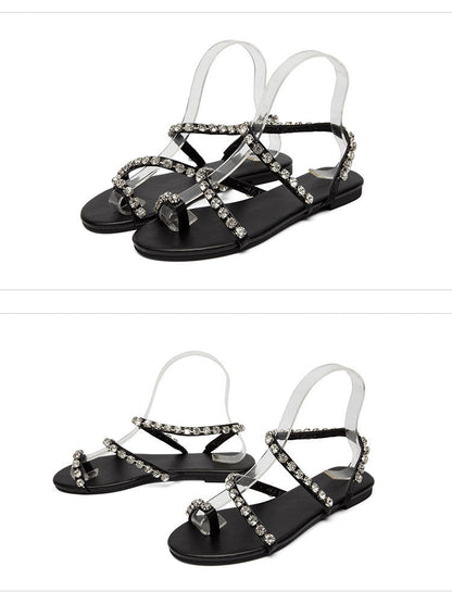 Women Fashion Sandals Ladies Summer Casual Crystal Gladiator Beach Shoe Flat Roman Pearl Rhinestones Sandals Zapatillas De Mujer