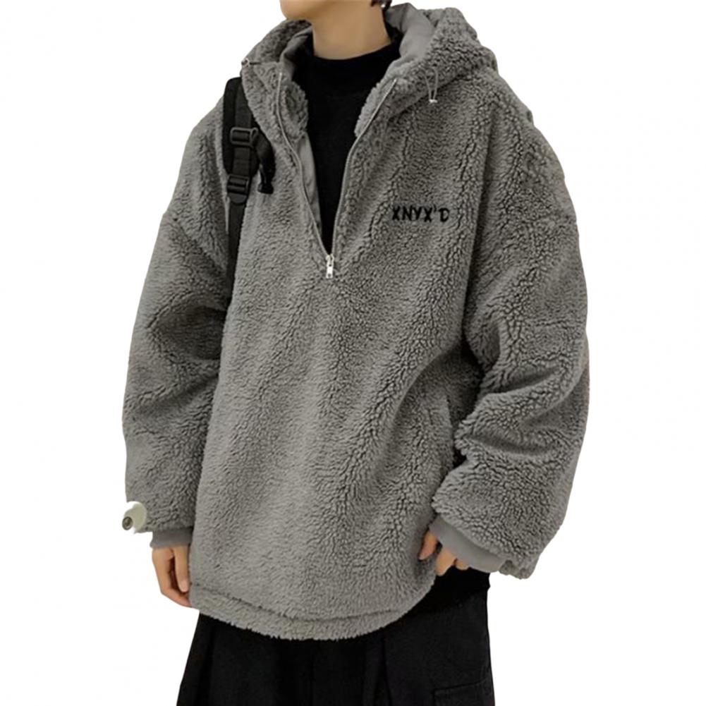xiangtuibao Stylish Hooded Outwear  Solid Color Fleece Men Jacket  Loose Plush Sweatshirt