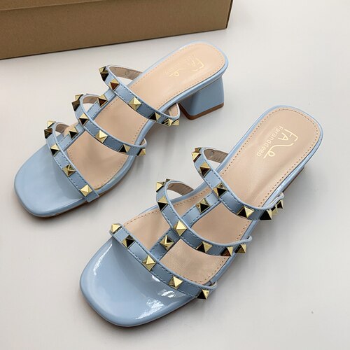 xiangtuibao Spring Thick Heel Sandals Middle Heel Back Empty Square Head All-match Fashion Slippers Shoes For Women