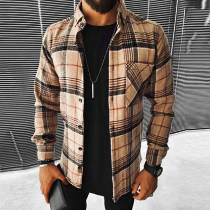 xiangtuibao Business Casual Plaid Print Wool Shirt Jacket Men  Spring Single Breasted Lapel Top Autumn Pocket Patchwork T-shirt Cardigan