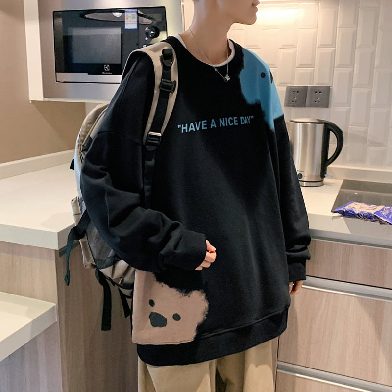 xiangtuibao Autumn New Trend Oversize Pullovers Male Cartoon Bear Print Sweatshirt Men Japan Harajuku Loose Tops Casual HipHop Streetwear