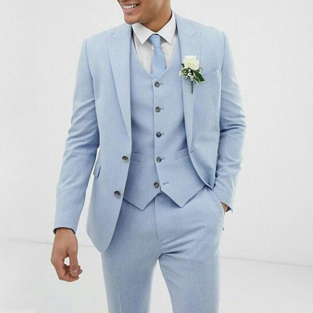 xiangtuibao Light Blue Wedding Men Suits Slim Fit Linen Tuxedos Groom Wear Terno 3 Pieces(Jacket+Pants+Vest) Bridegroom Blazer Costume Homme