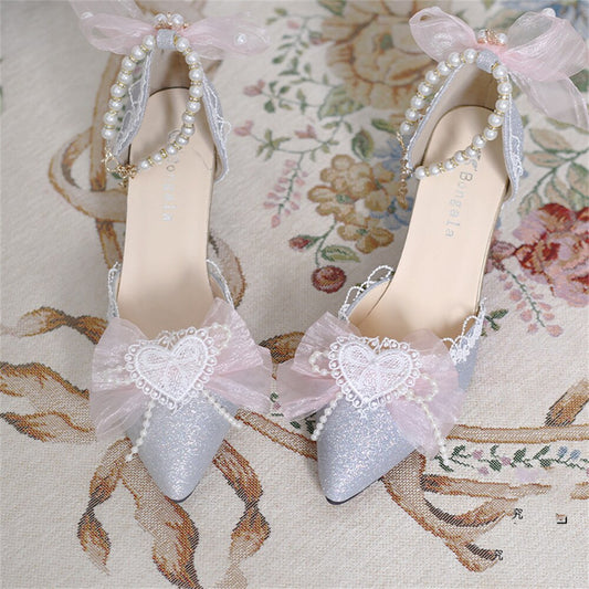 xiangtuibao Kawaii Girl Tea Party Elegant Pearl Love Lace Bowknot Lolita Shoes Multicolor Exquisite Embroidery Pointed Sandals Cosplay Lolit