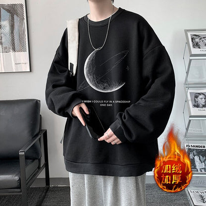 xiangtuibao Winter Warm Sweatshirts New Men Simple Stroke Moon Graphic Pullovers Oversized Korean Style Man Letter Print O Neck Tops