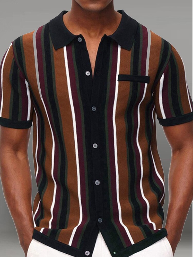 xiangtuibao Summer Short Sleeve Knitted Polo Shirt Casual Men Button-up Turn-down Collar Tops Mens Fashion Striped Polos Man Streetwear