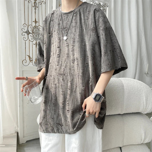 xiangtuibao Summer Chic Fashion Casual Holes Short Sleeve T-Shirts For Men Clothing  O-Neck Loose Casual Tee Shirt Homme Streetwear