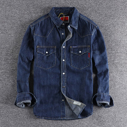 xiangtuibao Denim Shirt Men Cotton Jeans Shirt American Retro Washed Fashion Pocket Slim Long Sleeve Cowboy Shirt Stylish Slim Tops Shirts