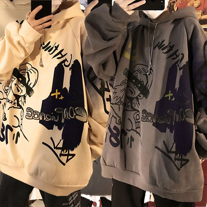 xiangtuibao Autumn and winter Korean style trend plus fleece hooded sweater men graffiti hip-hop all-match loose printed coat couple sweater