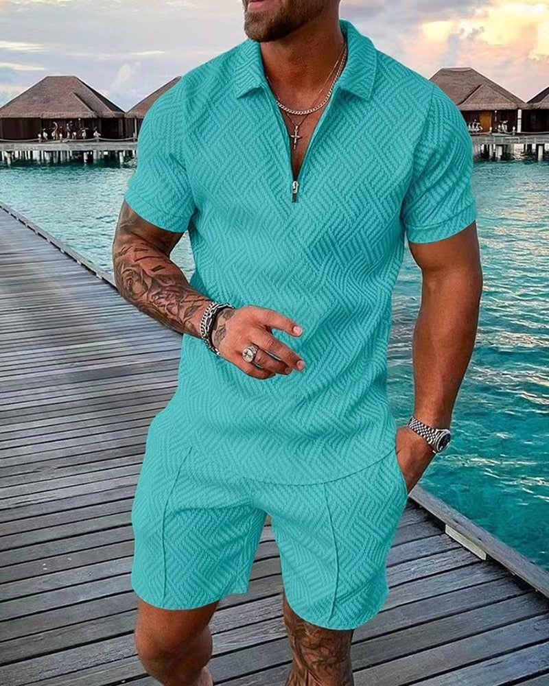 xiangtuibao Men's Polo Suit Fashion Men Sets Mens Solid Color Summer V-neck Zipper Short Sleeve POLO Shirt+Shorts Two Pieces Men Casual Suit