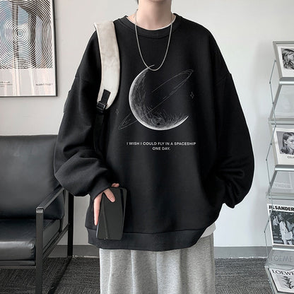 xiangtuibao Winter Warm Sweatshirts New Men Simple Stroke Moon Graphic Pullovers Oversized Korean Style Man Letter Print O Neck Tops