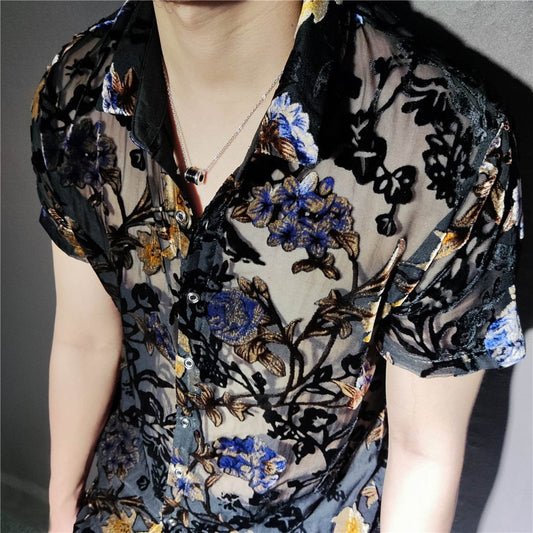 xiangtuibao Colorful Flowers Pattern Velvet Shirt Men Transparent Short Sleeve Sexy Shirt Social Club Outfits Party Men Designer Shirt