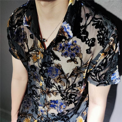 xiangtuibao Colorful Flowers Pattern Velvet Shirt Men Transparent Short Sleeve Sexy Shirt Social Club Outfits Party Men Designer Shirt