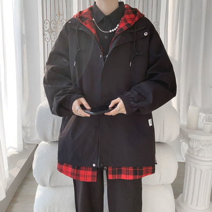 xiangtuibao Korean Black White Plaid Men Hooded Jacket  Harajuku Man Oversized Coats Spring Male Casual Outwears Clothing