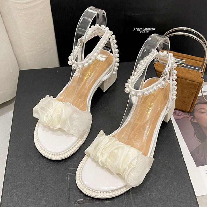 xiangtuibao  Sandals White  bow Pearl Rhinestone Bow Ribbon Sweety Princess Style Lower Square Heels Short Fat Heels