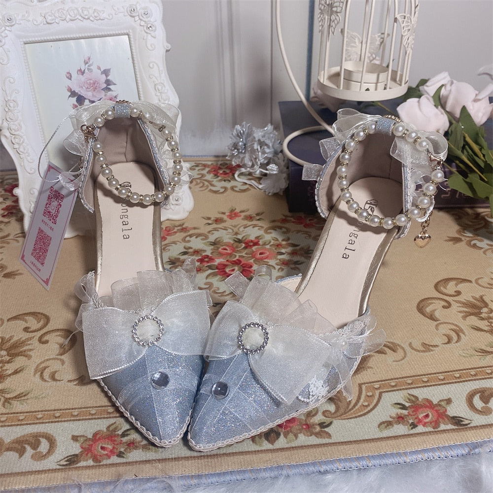 xiangtuibao Pearl Chain Sweet Lace Bowknot Elegant Princess  Pointed Sandals Lolita Shoes Silver Wedding Tea Party Cosplay Lolita Shoes