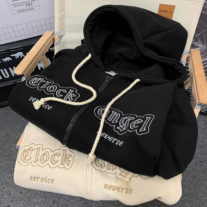 xiangtuibao -  Men Zip-up Hoodies Embroidered Clock Angel Letter Vintage Hooded Gothic Trend Couple Outerwear Y2k Women Hoodie Autumn Cardigan