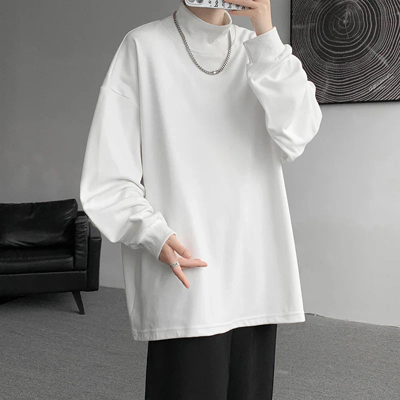 xiangtuibao  -  Autumn Winter Stand Collar T Shirt Men Oversized Casual T-shirt Men Streetwear Korean Loose Long Sleeve T-shirt Mens Top M-3XL