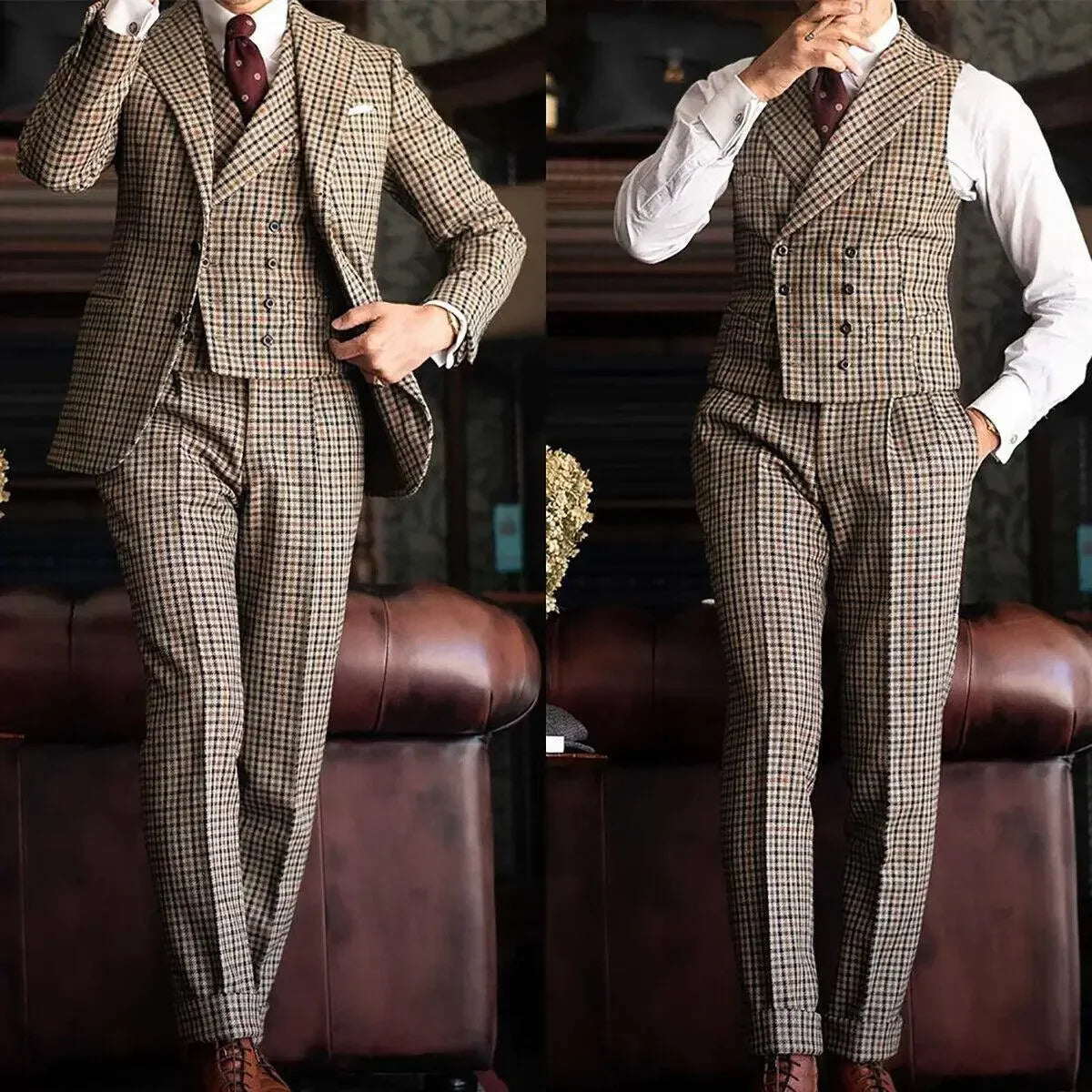 xiangtuibao Vintage Plaid Suits For Men Comfort Casual 3Pcs Jacket Vest Pnats Set Groom Groomsmen Wedding Party Tuxedo Blazer Tailor-Made