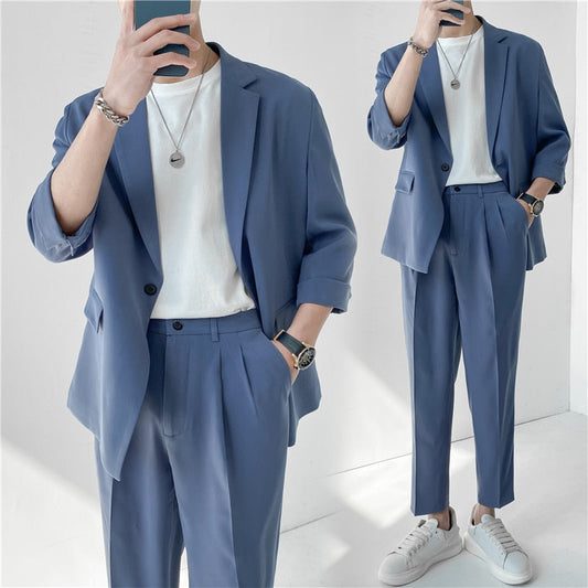 xiangtuibao Fashion Summer 2-piece Set Solid Color Single-breasted Casual Simple Student Wear Homme Loose Suits Wear (Blazers + Pants)