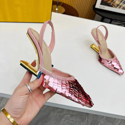 xiangtuibao Brand Pink Sequin Sandals Luxury Leather Pointed Toe High Heels Metal Strange Style Heel Runway Pumps Banquet Party Shoes Women