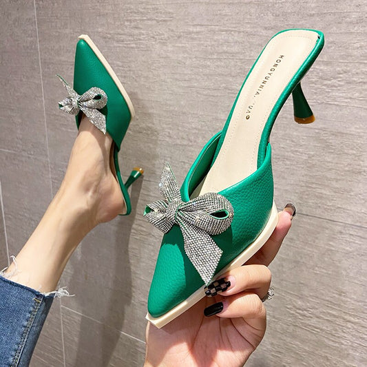 Elegant Pointed Toe High Heels Green Mules Shoes Women Slippers  New Crystal Bowknot Summer Slides Black Beige Party Shoes