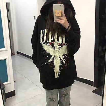 xiangtuibao y2k American style angel print hooded sweater loose high street punk sweater American retro fashion hip hop couple new jacket