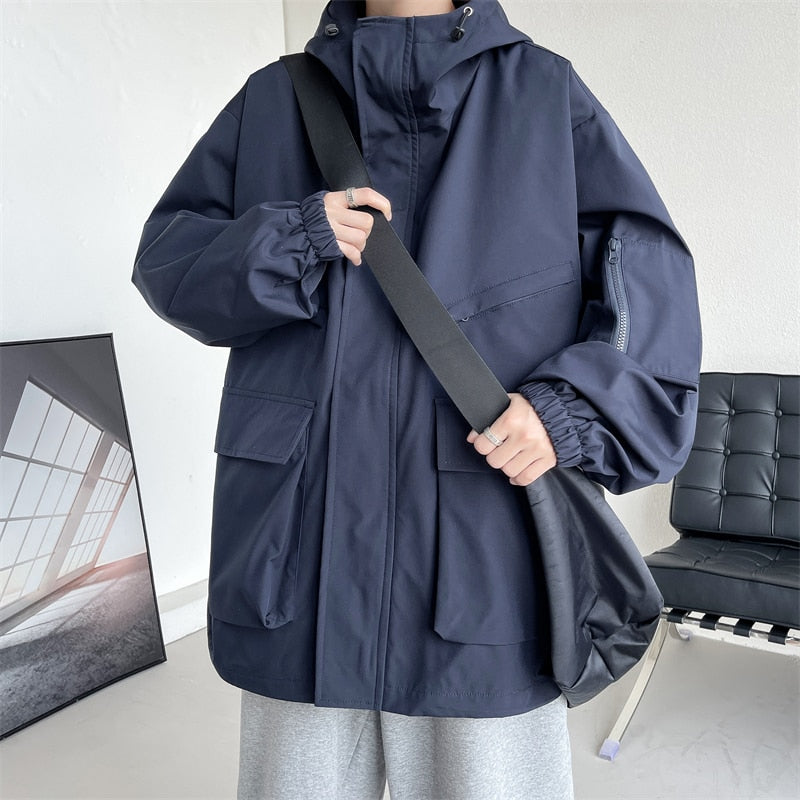xiangtuibao New Autumn Men's Waterproof Jackets Multiple Pockets Hooded Windbreaker Black Tactical Coats Fashion Oversized Techwear Clothes