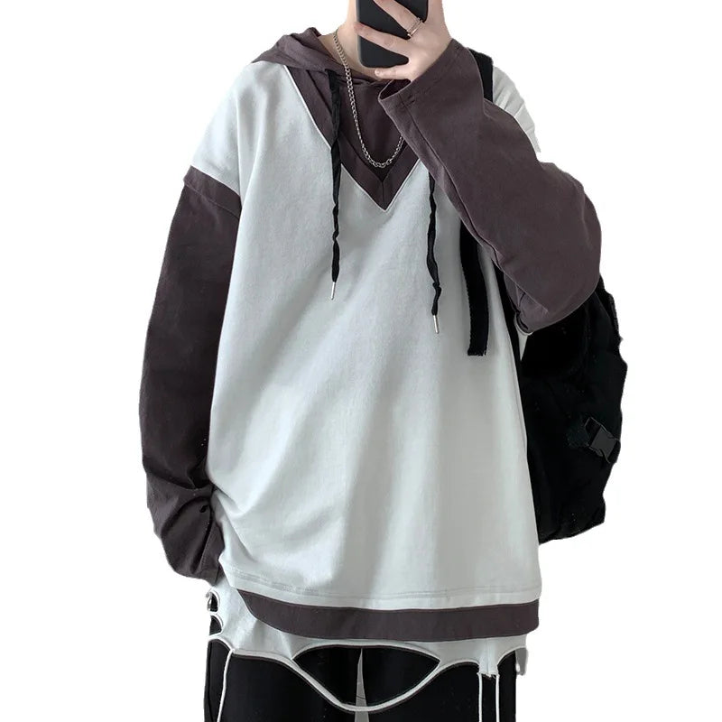 xiangtuibao - Spring Cotton Hoodie Men Fashion Fake Two Piece Sweatshirt Streetwear Korean Loose Hip Hop Pullover Hoodies Mens Clothing M-5XL