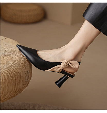 xiangtuibao French Style Sheepskin Sandals With Bowtie Summer Shoes Slingbacks Women's Sandals Elegant Pointe Toe Ladies Daily Pumps Size 43