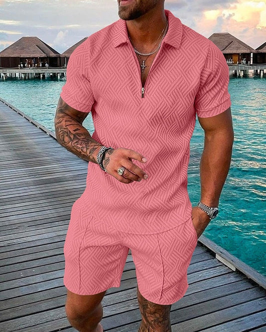 xiangtuibao Men's Polo Suit Fashion Men Sets Mens Solid Color Summer V-neck Zipper Short Sleeve POLO Shirt+Shorts Two Pieces Men Casual Suit