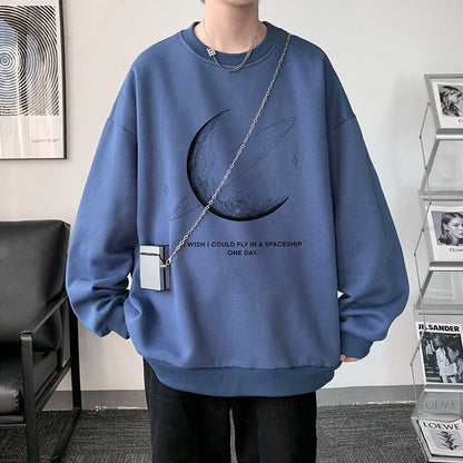 xiangtuibao Winter Warm Sweatshirts New Men Simple Stroke Moon Graphic Pullovers Oversized Korean Style Man Letter Print O Neck Tops