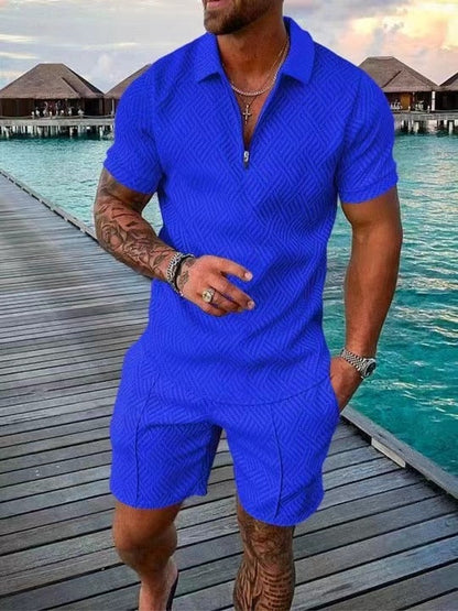 xiangtuibao Men's Polo Suit Fashion Men Sets Mens Solid Color Summer V-neck Zipper Short Sleeve POLO Shirt+Shorts Two Pieces Men Casual Suit