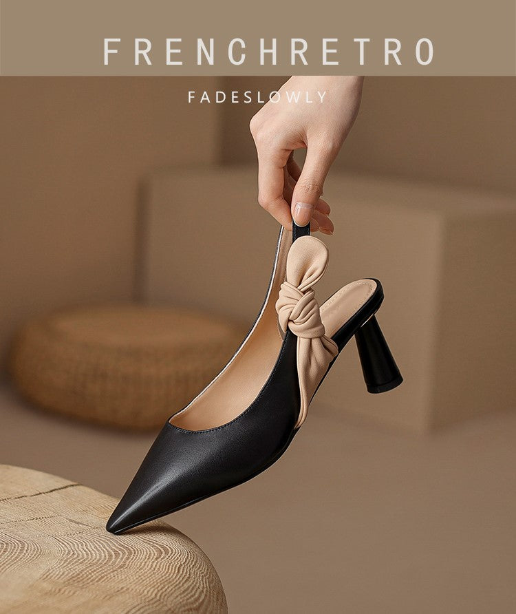 xiangtuibao French Style Sheepskin Sandals With Bowtie Summer Shoes Slingbacks Women's Sandals Elegant Pointe Toe Ladies Daily Pumps Size 43