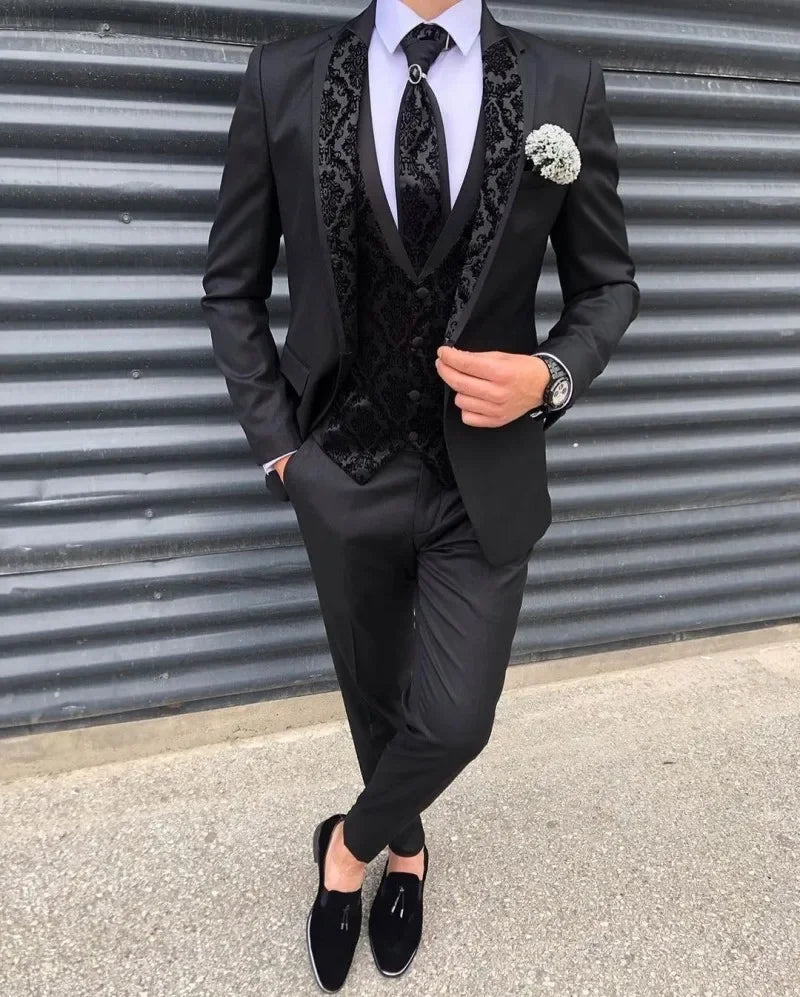 xiangtuibao Costume Homme Mariage Men's Suits Silm Black Groom Tuxedos Lace Notch Lapel Blazer Groomsmen Suits For Wedding Jacket+Vest+Pant