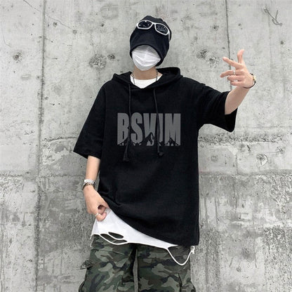 xiangtuibao Fashion Men Short Sleeve Hoodies Letter Printing Black White Summer Casual Hooded Jumper Oversize Clothing Streetwear Pullover