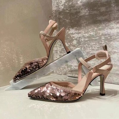 xiangtuibao Brand Pink Sequin Sandals Luxury Leather Pointed Toe High Heels Metal Strange Style Heel Runway Pumps Banquet Party Shoes Women